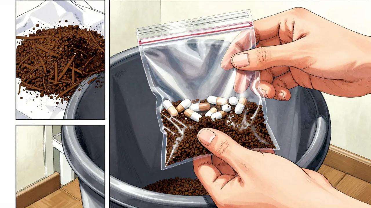 Manga style hands mixing pills with coffee grounds for safe trash disposal