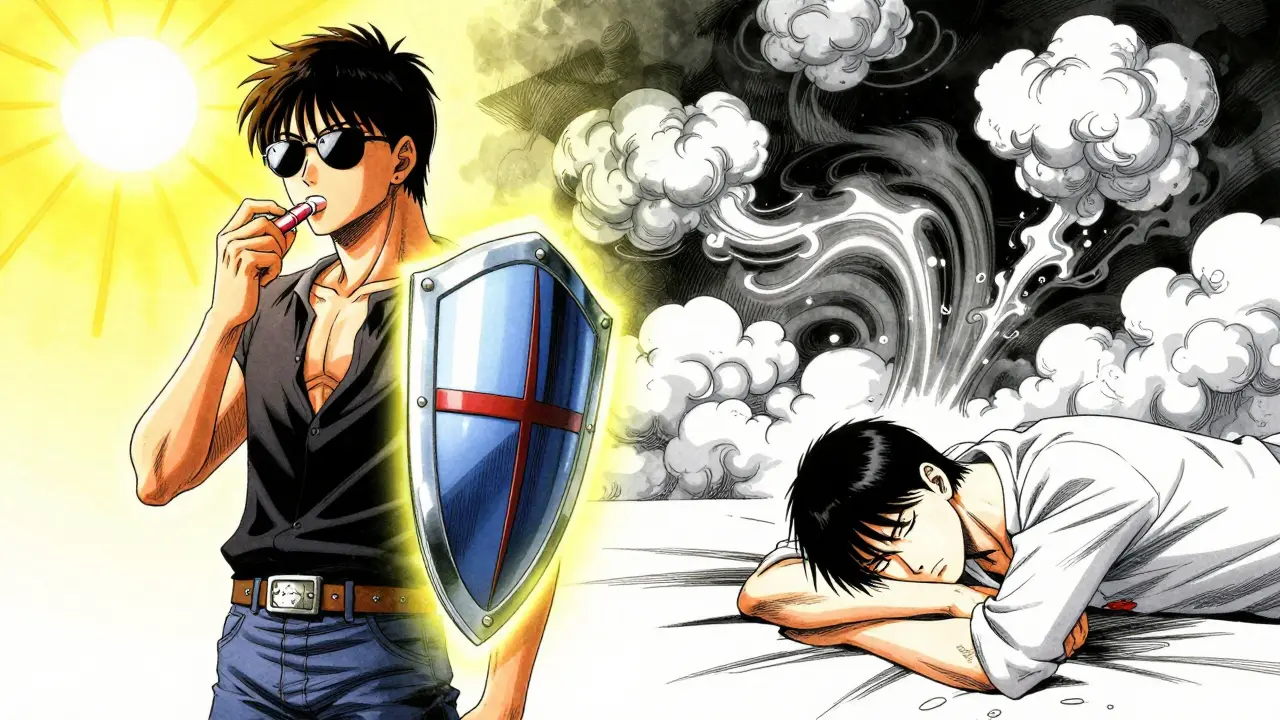 Manga style split scene contrasting sun protection with stress triggers for outbreaks.