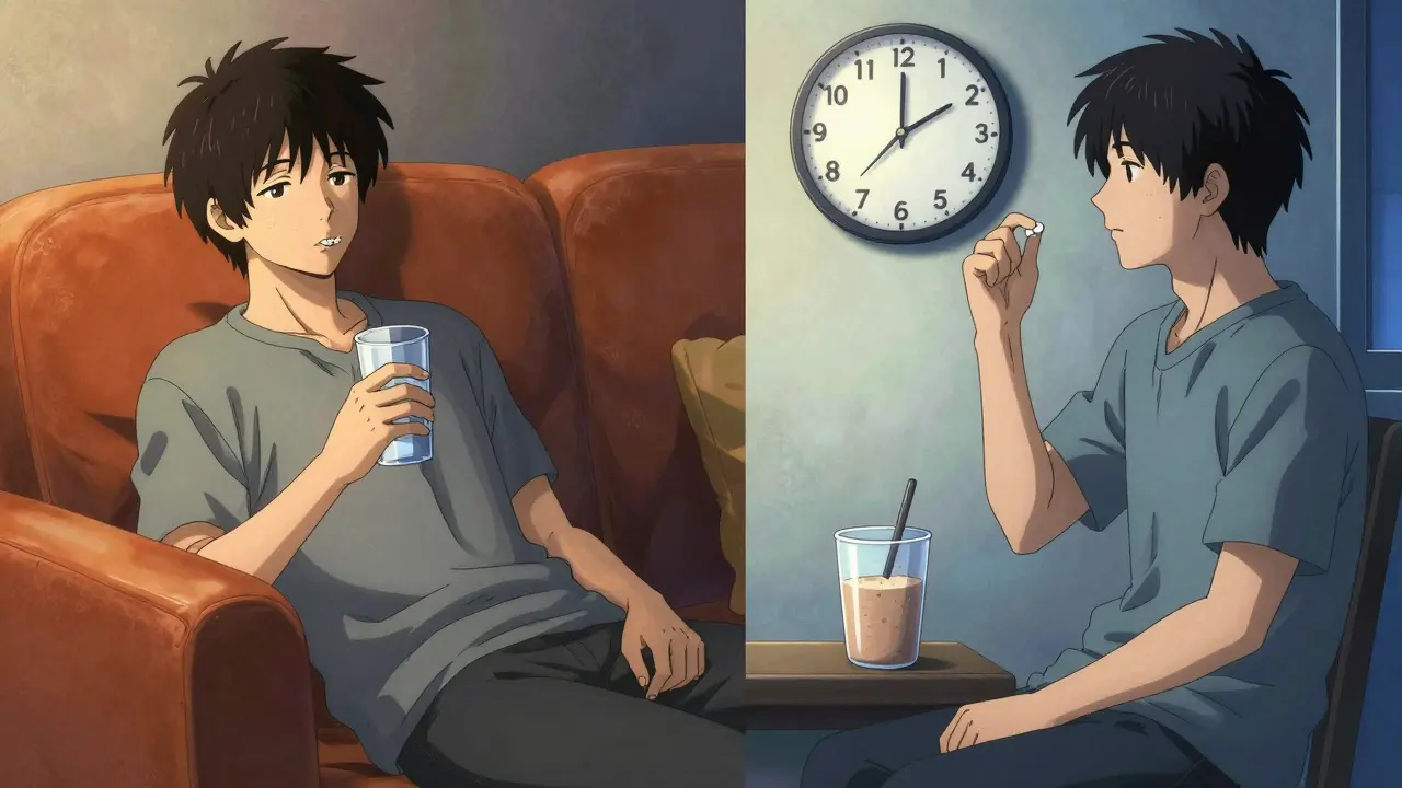 Split view of patient taking meds at night vs waiting in morning for protein shake.