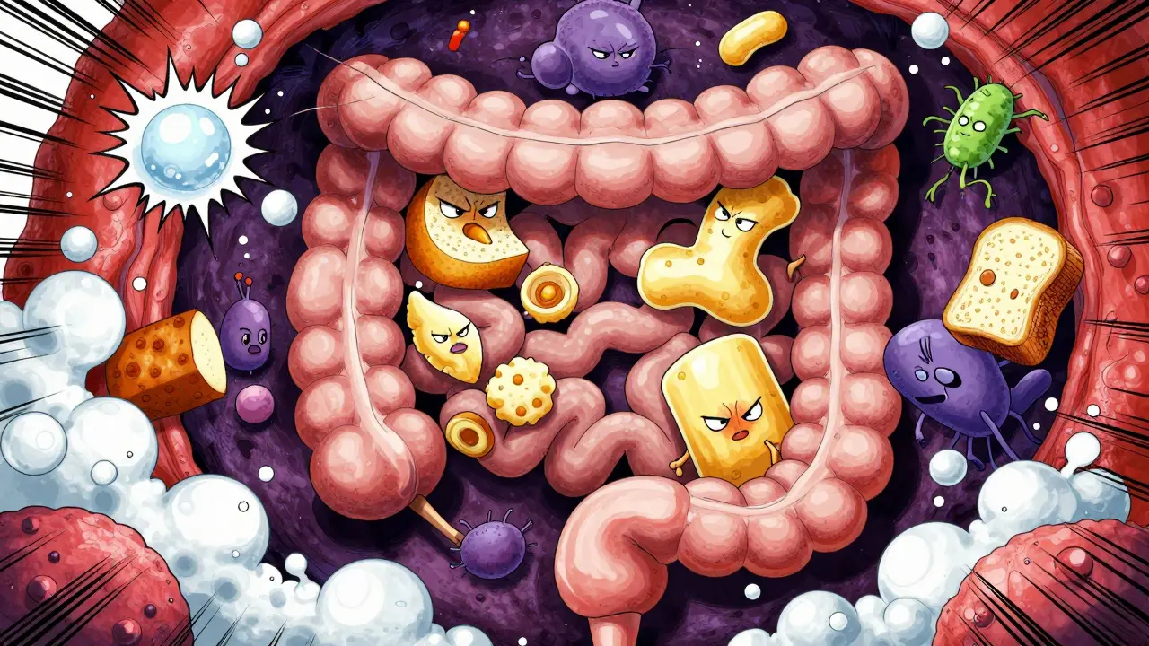 Stylized gut bacteria fermenting carbs and producing gas bubbles in the colon