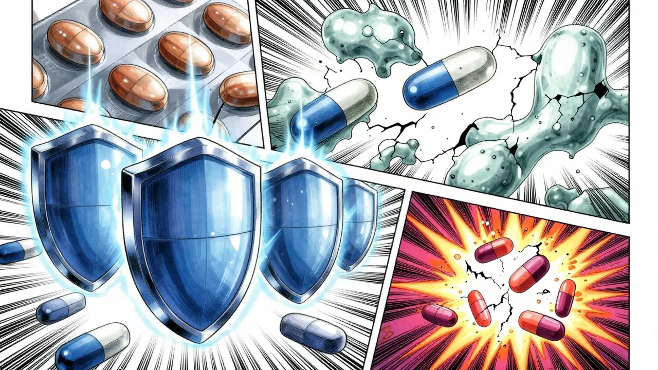 Visual comparison of stable pills versus degrading liquids