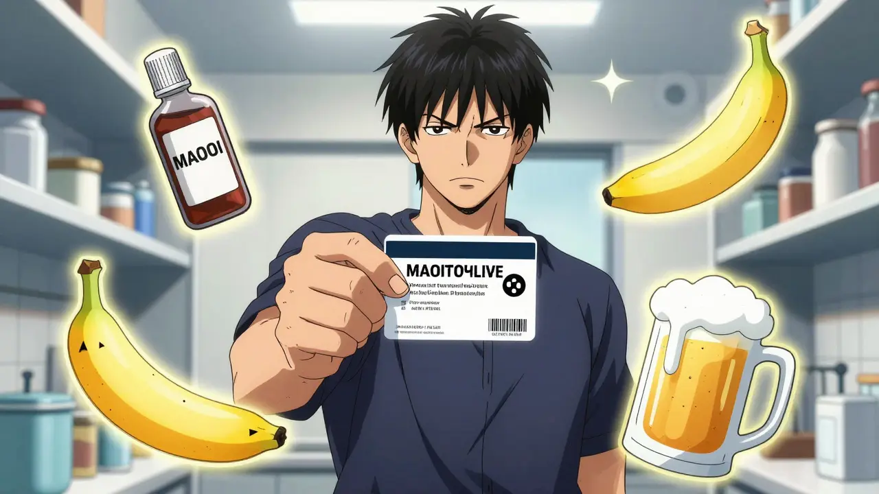Anime character holding an emergency card while avoiding dangerous foods in a pantry
