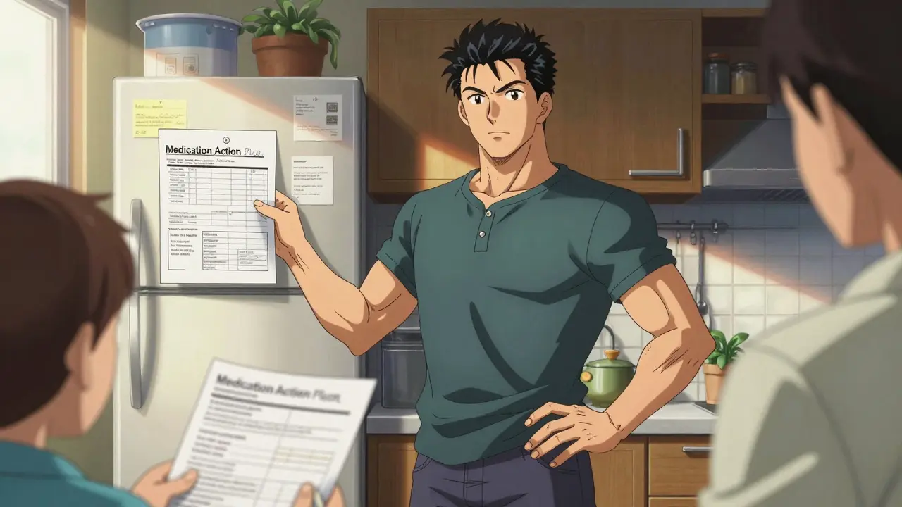 Confident patient holding a medication plan at home in anime style.