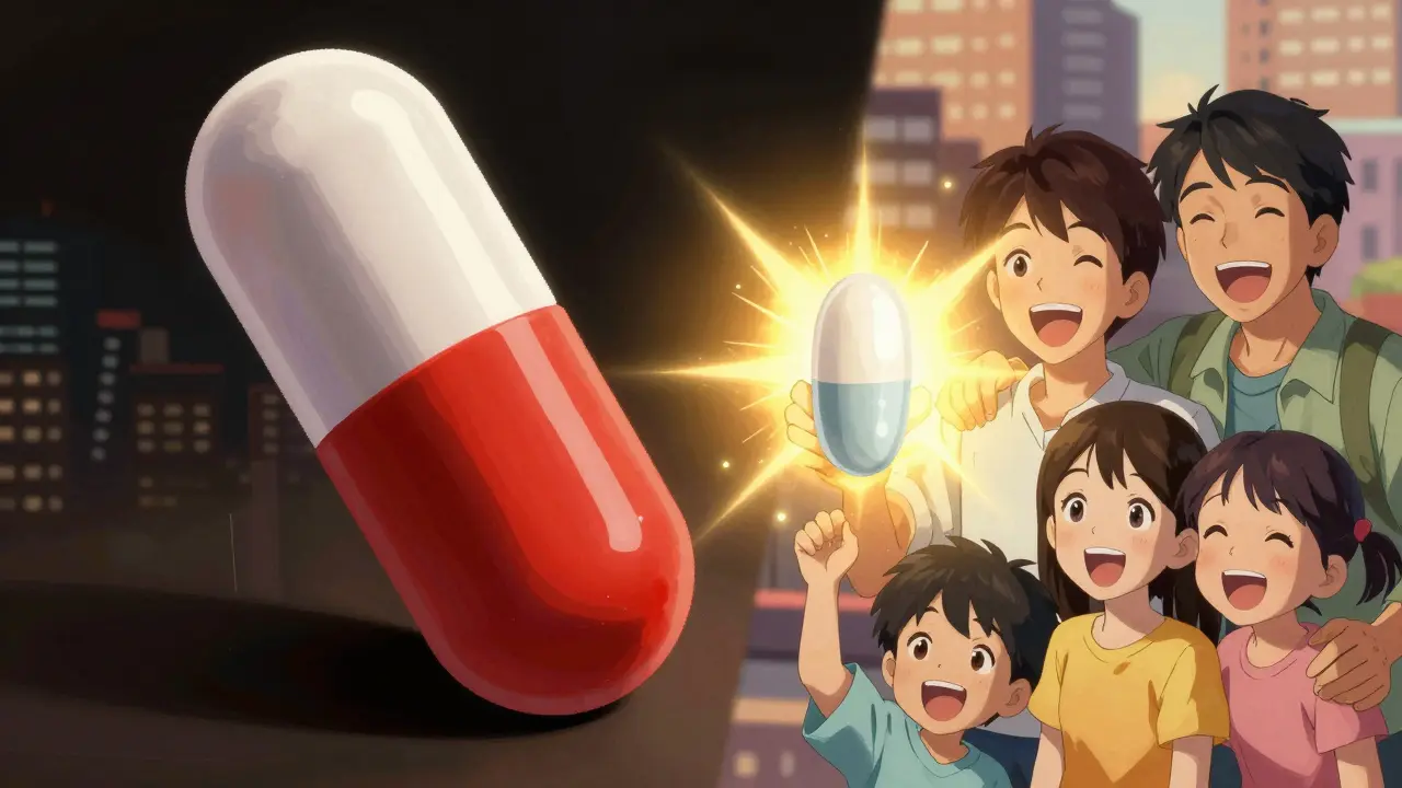 Contrast between expensive brand and affordable generic pills, anime art