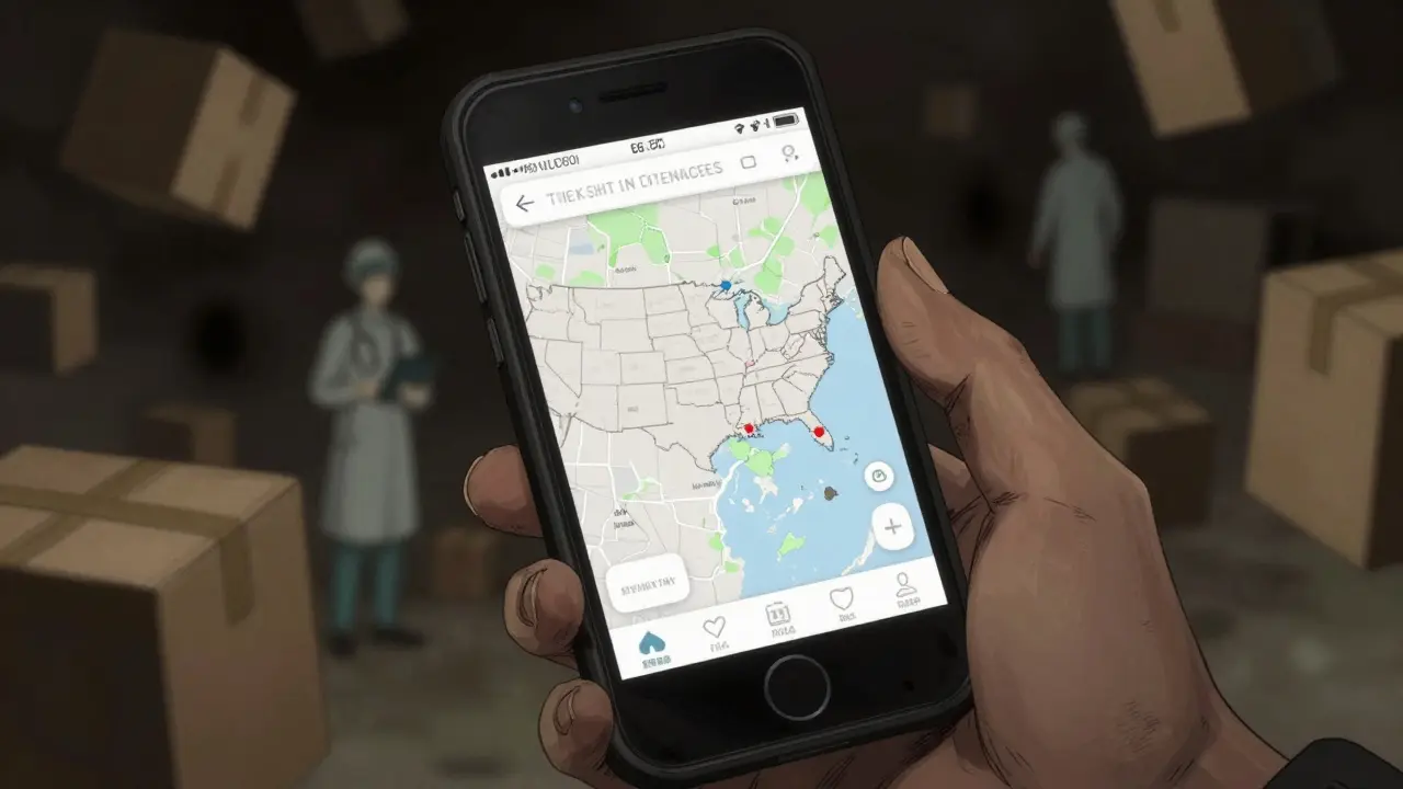 Hand holding phone showing map of US states