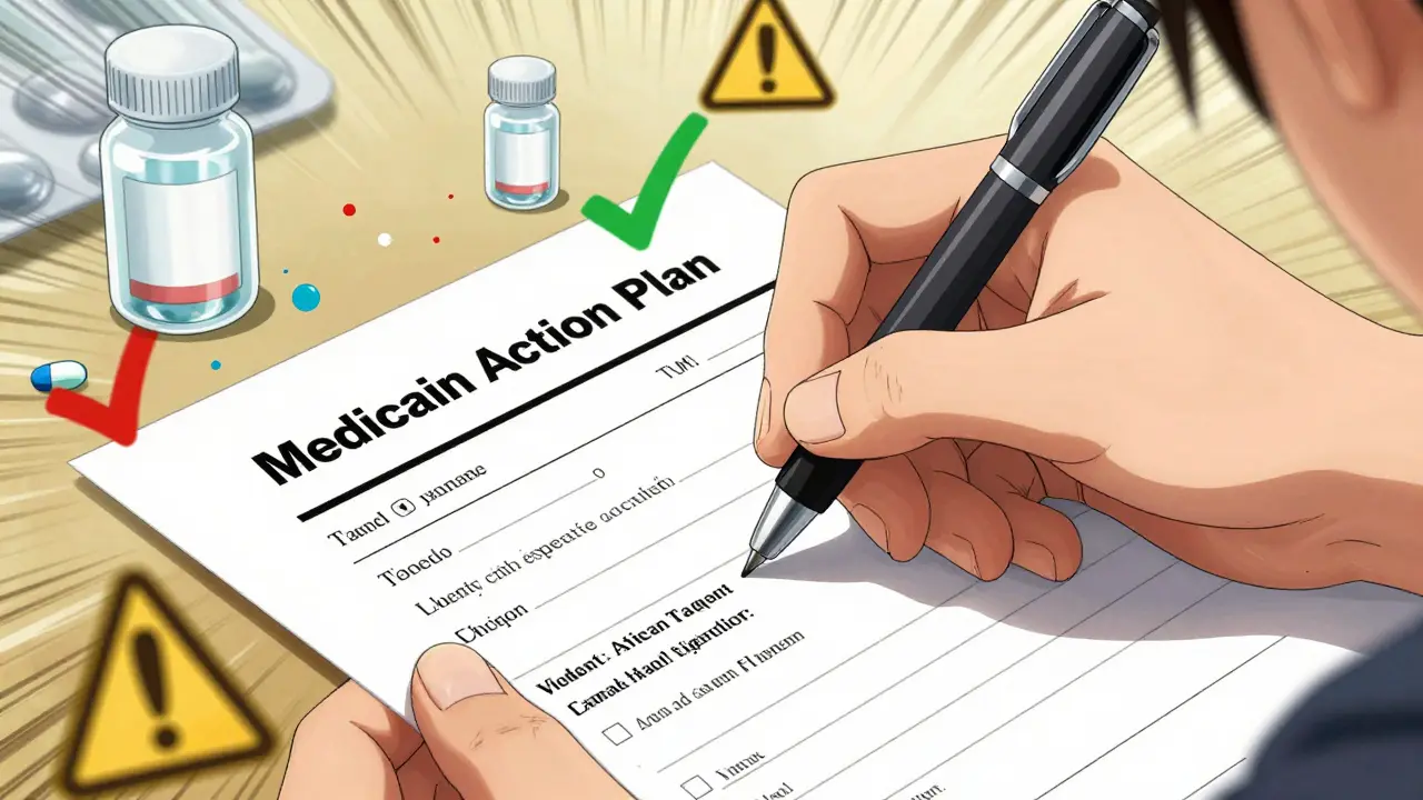 Hand writing on a medication plan with dynamic manga effects.