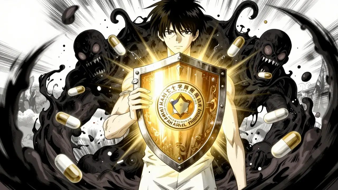 Manga style shield protecting patient from fake drugs