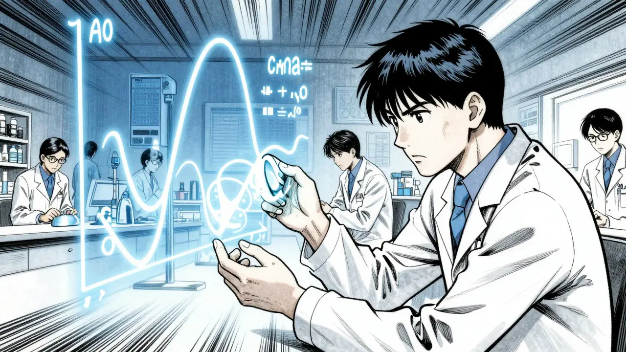 Scientist analyzing bioequivalence data in a lab, Boichi manga style