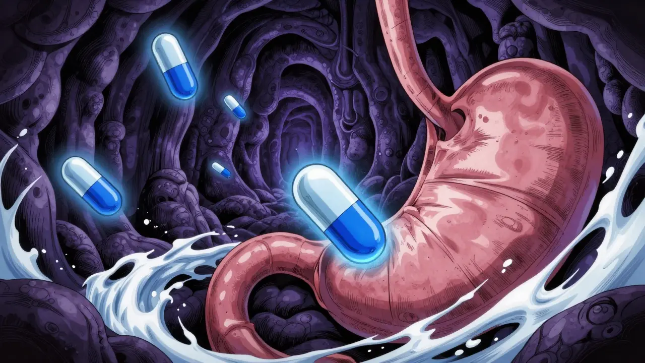 Stomach interior with proton pumps being disabled, anime style