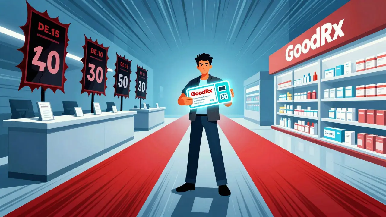 Character choosing affordable medication via discount coupons at a pharmacy.