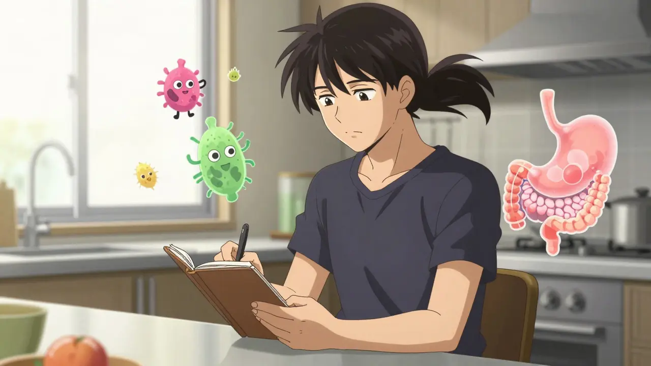 Character tracking diet in journal with gut health symbols nearby