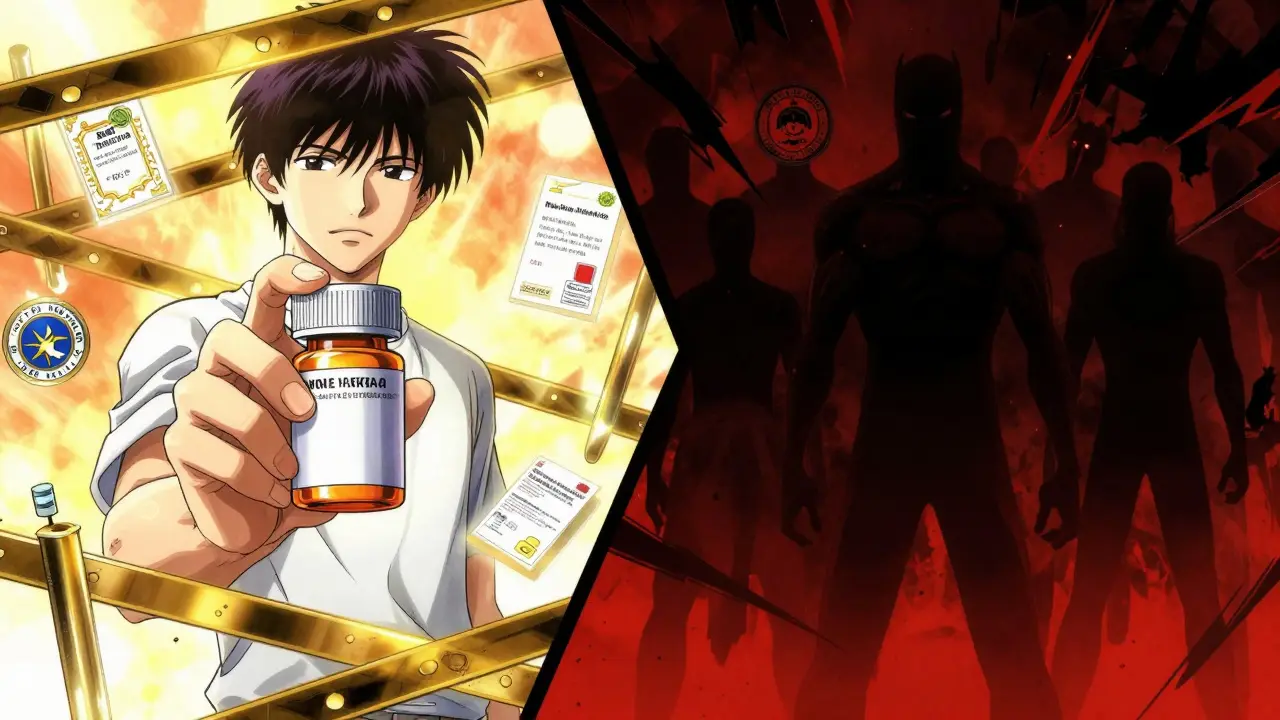 Contrast between safe pharmacy and dangerous scams in manga art