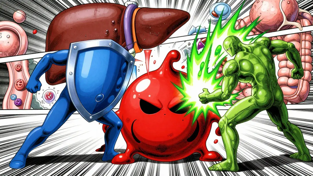 Dual forces attacking a cholesterol blob in a dynamic biological battle scene