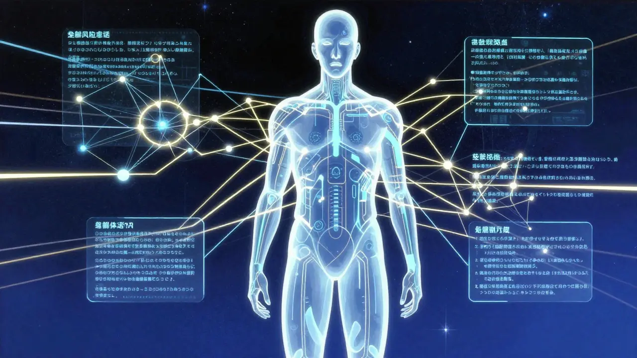 Futuristic anime art of a human silhouette with glowing AI data streams.