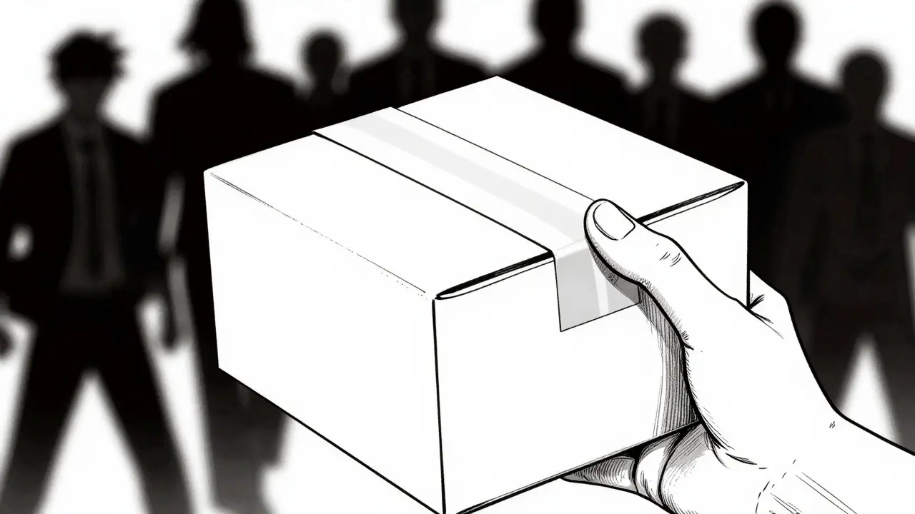 Hand holding a discreet medication delivery box against shadowy threats.