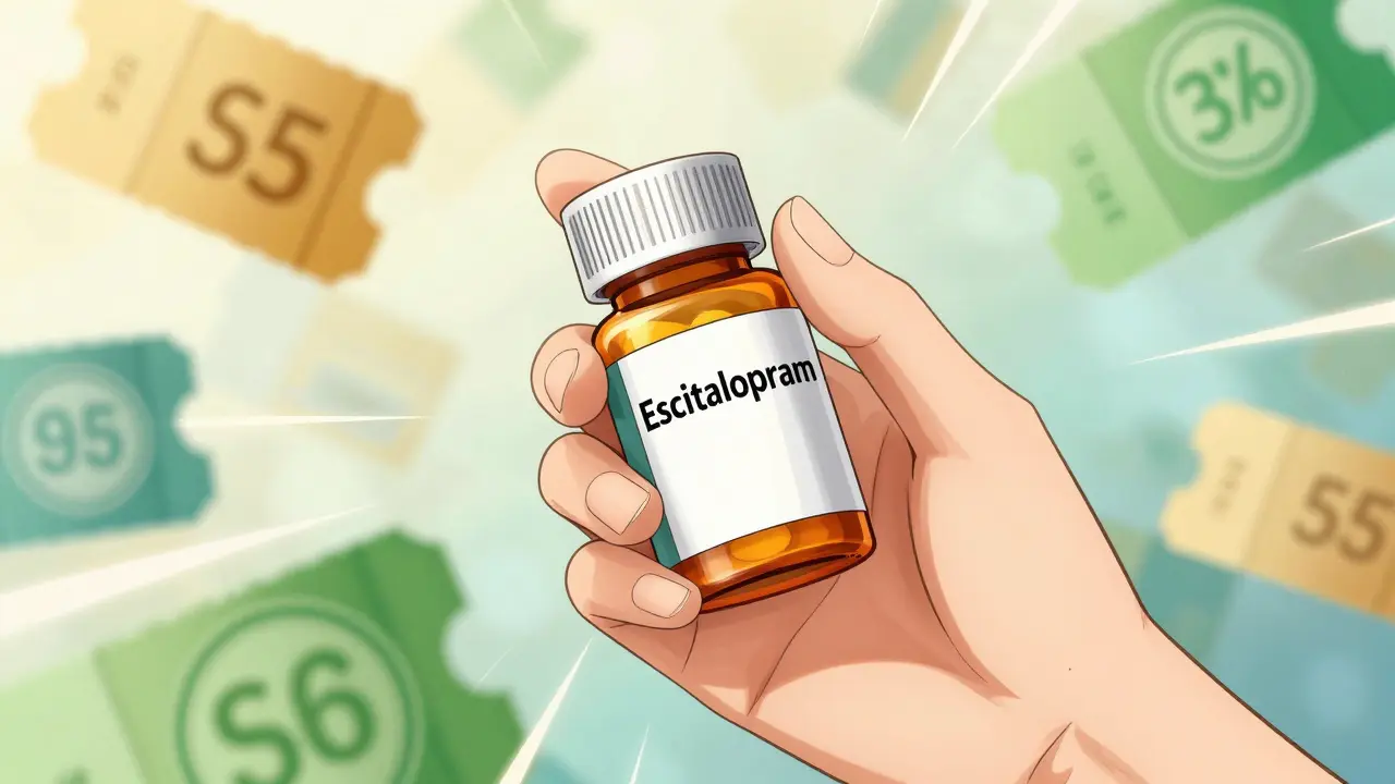 Hand holding generic medication bottle with discount symbols