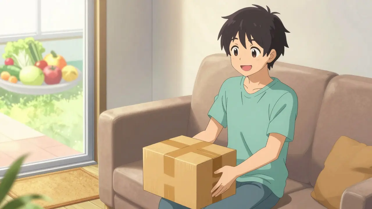 Happy person receiving medication delivery at home in anime style