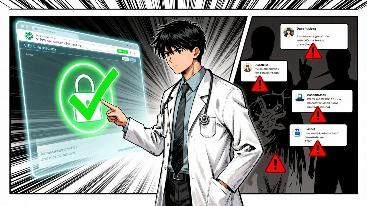 Manga illustration contrasting safe verified pharmacies with scam sites