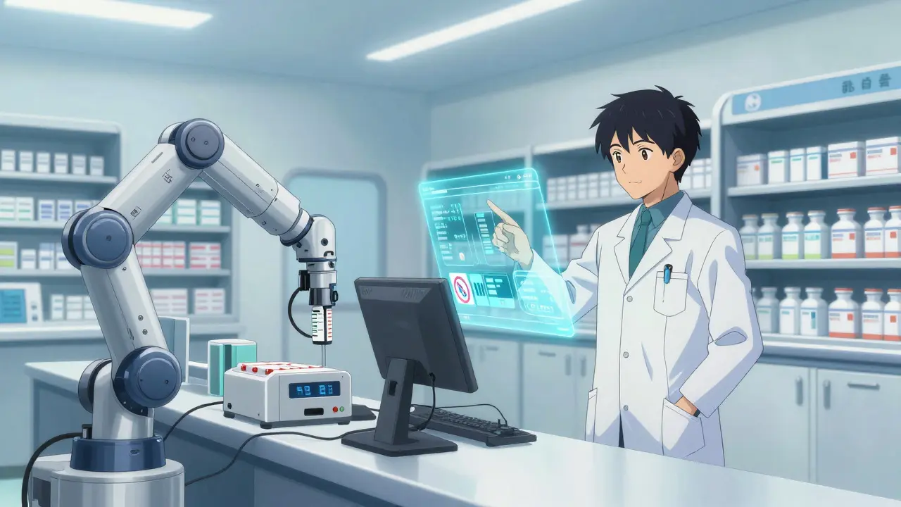 Modern automated pharmacy with robots and digital interfaces ensuring precise medication dispensing.