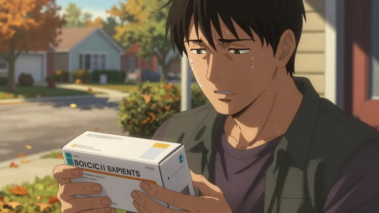 Patient carefully inspecting a delivered medication package at door