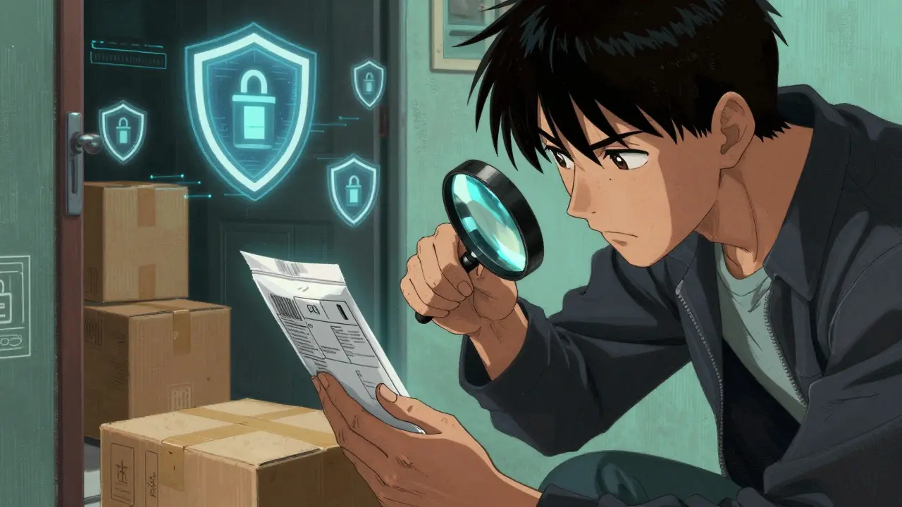 Person inspecting sealed medication package for safety in manga style