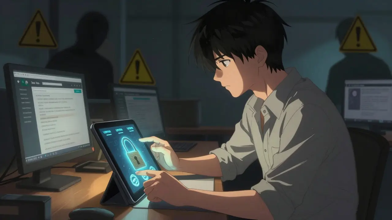 Person verifying secure pharmacy seals on a tablet while avoiding scam shadows