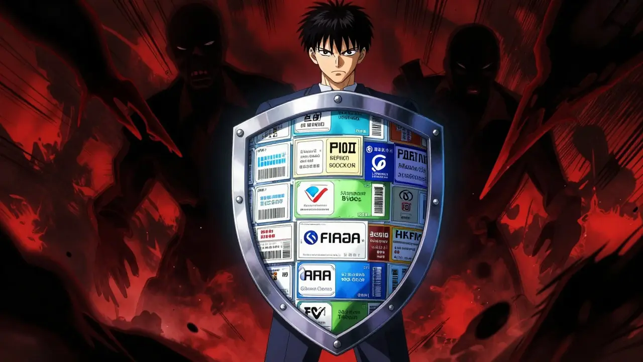 Shield of coupons protecting patient from scam shadows, anime style