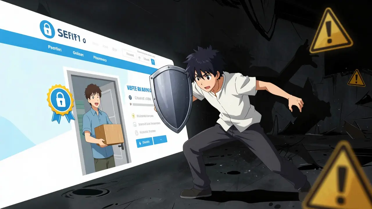 Split scene showing safe online pharmacy vs shady sites