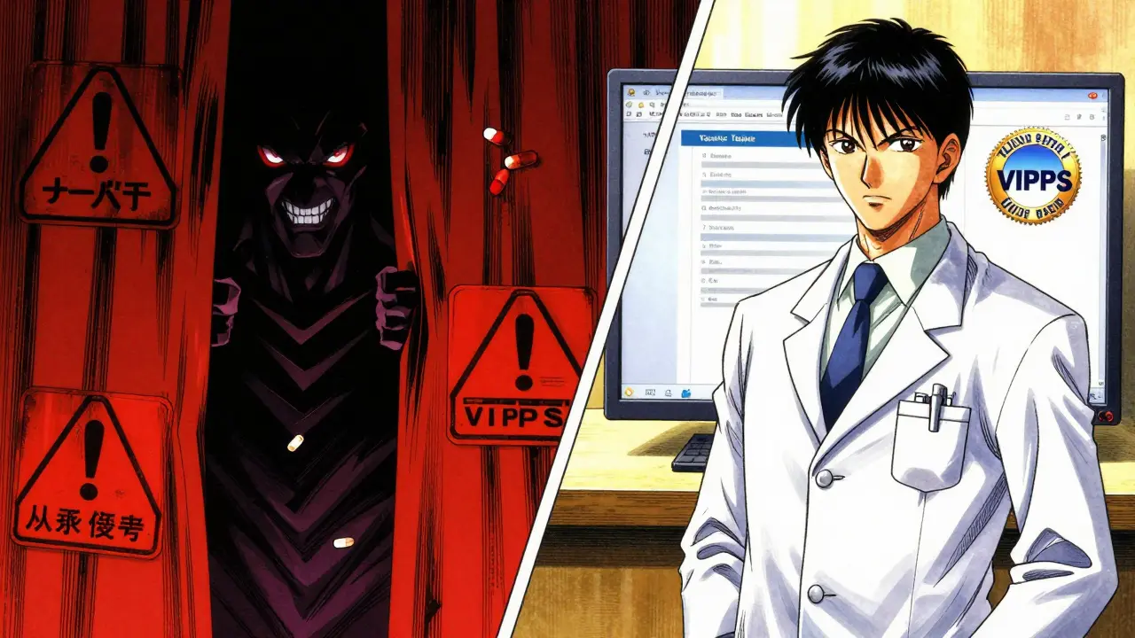 Split screen contrasting illegal shady pharmacy vs verified safe pharmacy