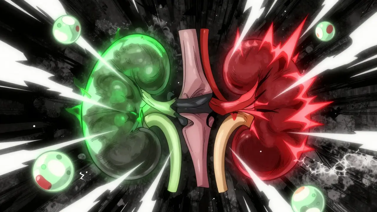 Stylized anime illustration of kidneys and molecules showing drug toxicity risks.