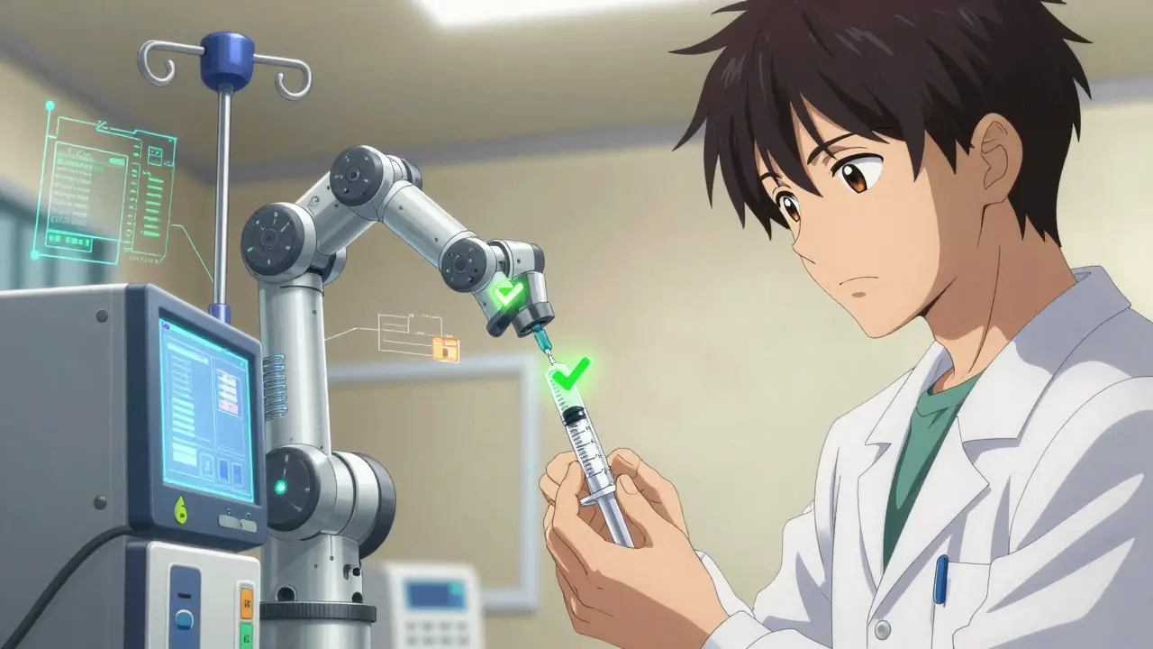 Technician using robotic assistance for sterile IV compounding with digital safety verification.
