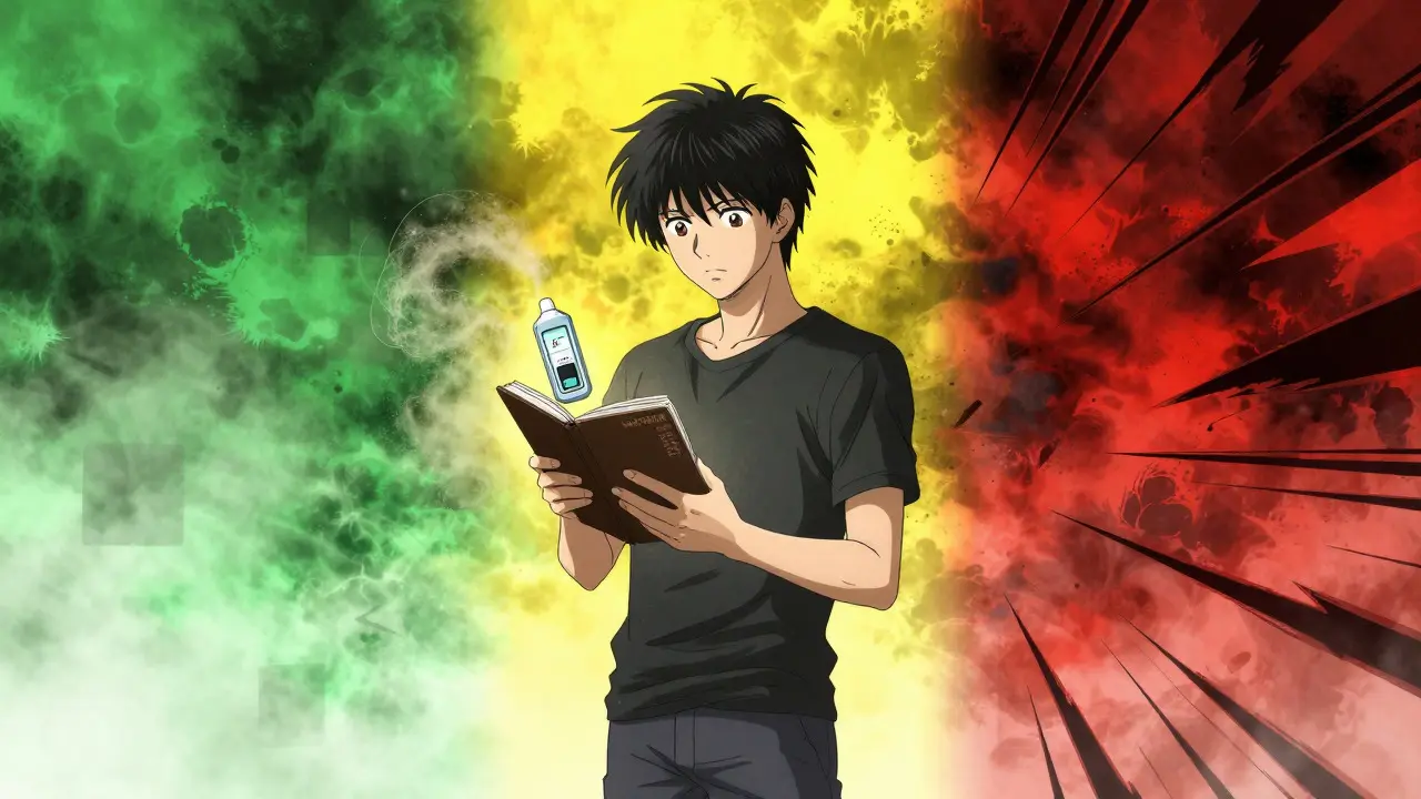 Three colored zones representing asthma status levels, manga art.