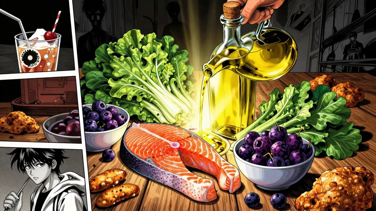 Vibrant manga illustration of anti-inflammatory foods like fish and berries