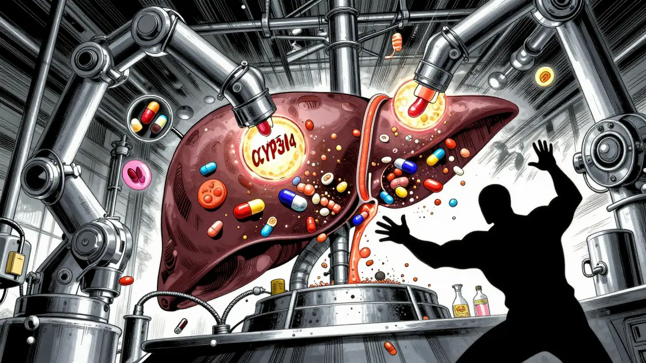 Abstract art of liver enzymes rapidly breaking down hormone capsules in a factory.
