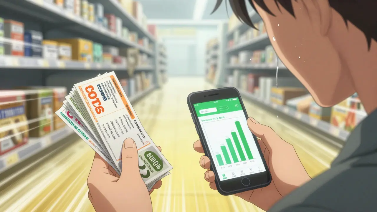 Anime character relieved after finding cheap generic celecoxib deals using discount coupons and apps