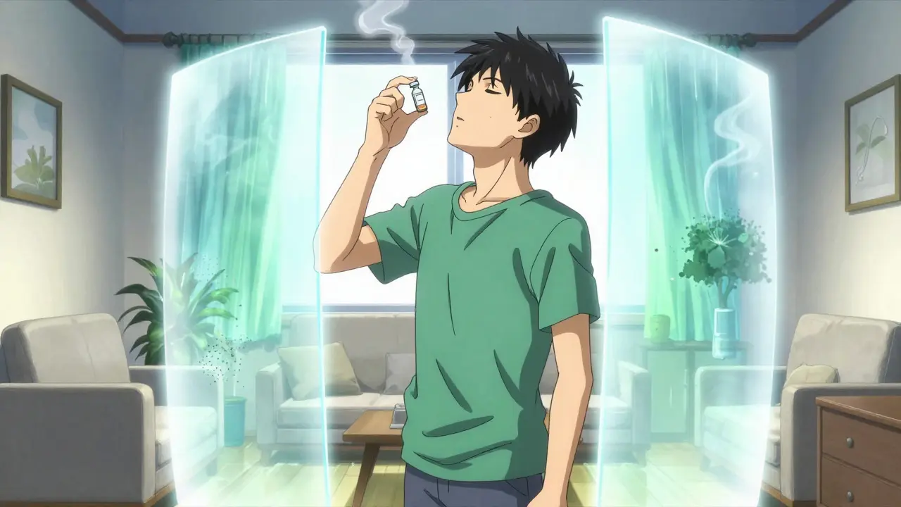 Anime depiction of a person breathing freely in a clean room, protected by light barriers from allergens