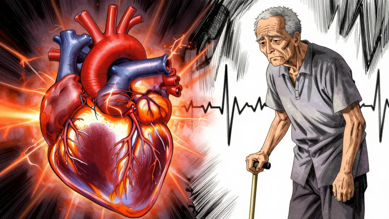 Anime illustration contrasting a strained, rapid-beating heart with an asymptomatic elderly patient.