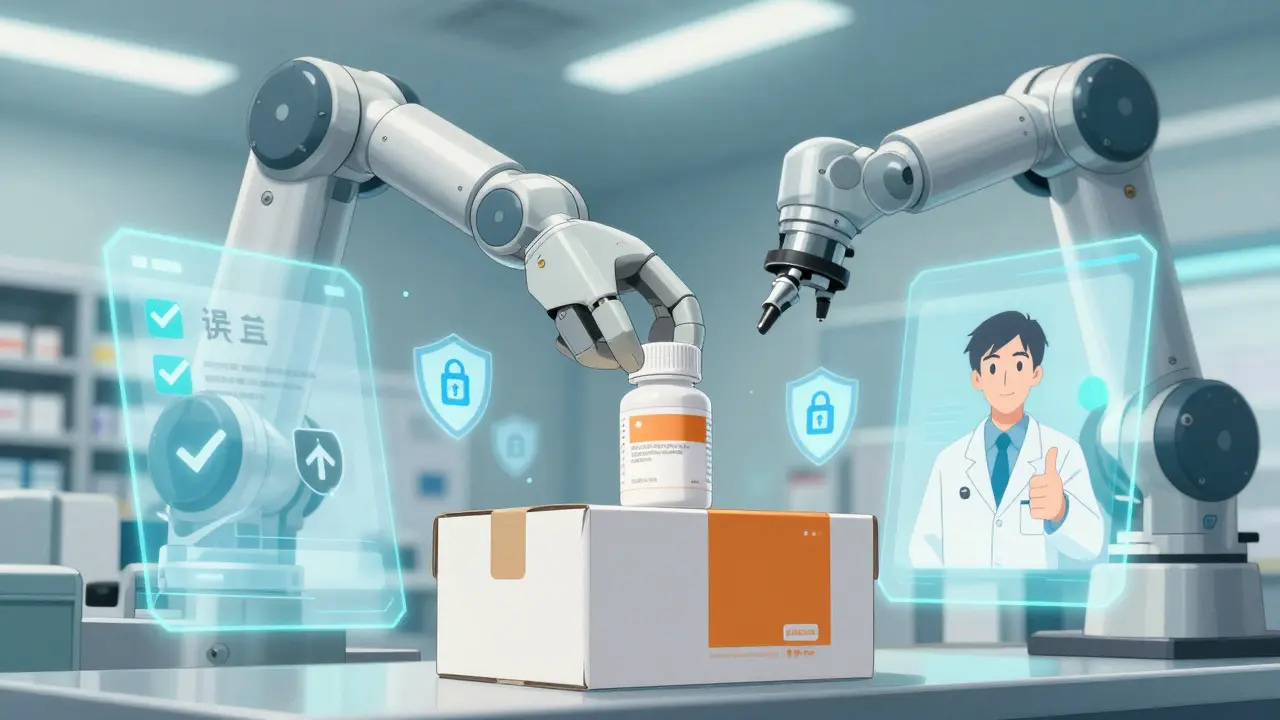 Boichi style anime showing a secure online pharmacy packing a prescription bottle with digital safety icons