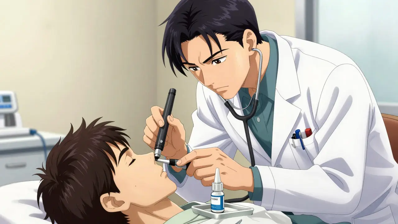 Boichi-style illustration of an ENT specialist performing an endoscopy on a patient in a clinic