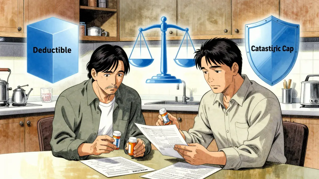 Couple analyzing prescription costs with abstract geometric phase indicators