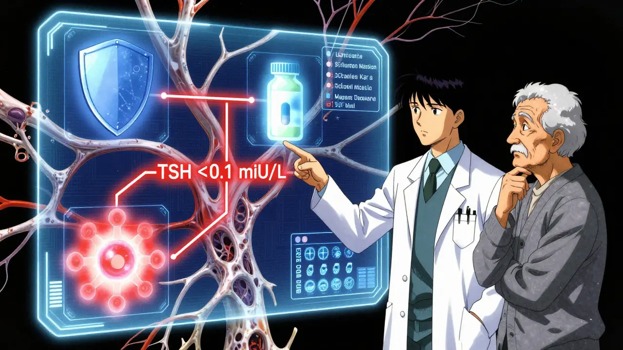Doctor and patient analyzing holographic treatment options for subclinical hyperthyroidism.