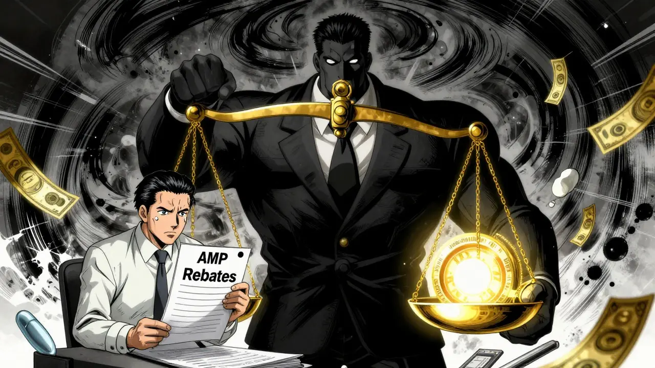 Government figure weighing pharma rebates on a scale