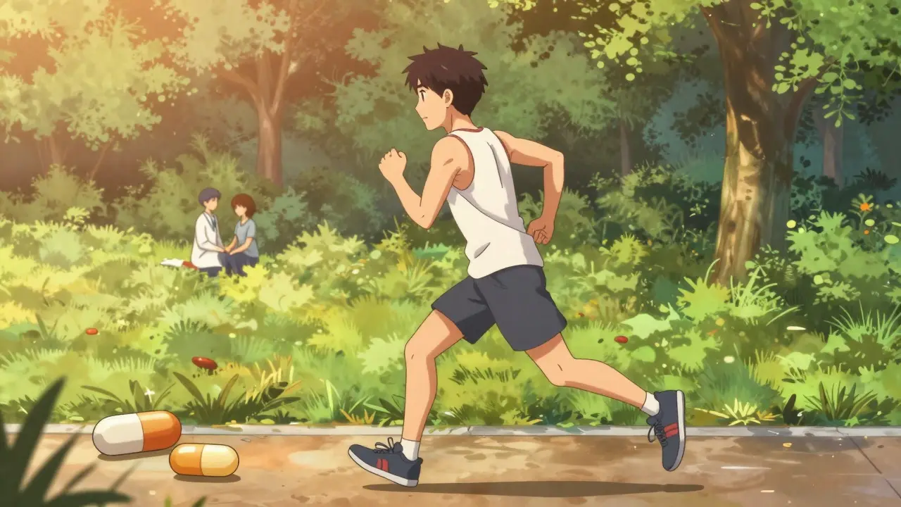 Person exercising outdoors in a park with hopeful golden hour lighting