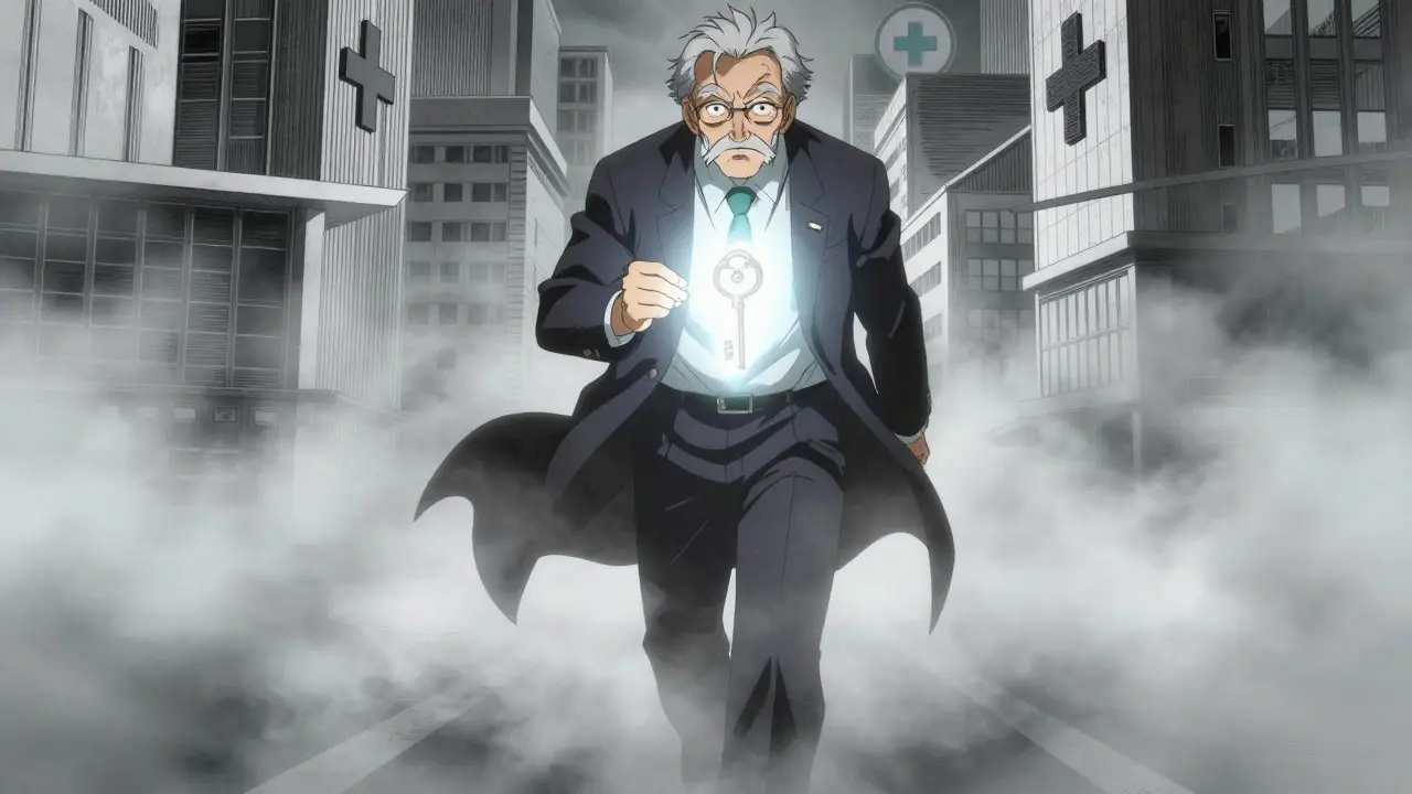 Senior walking confidently through fog holding a glowing key