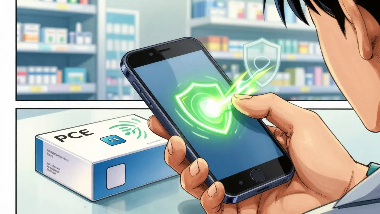 Smartphone verifying drug authenticity via NFC tap