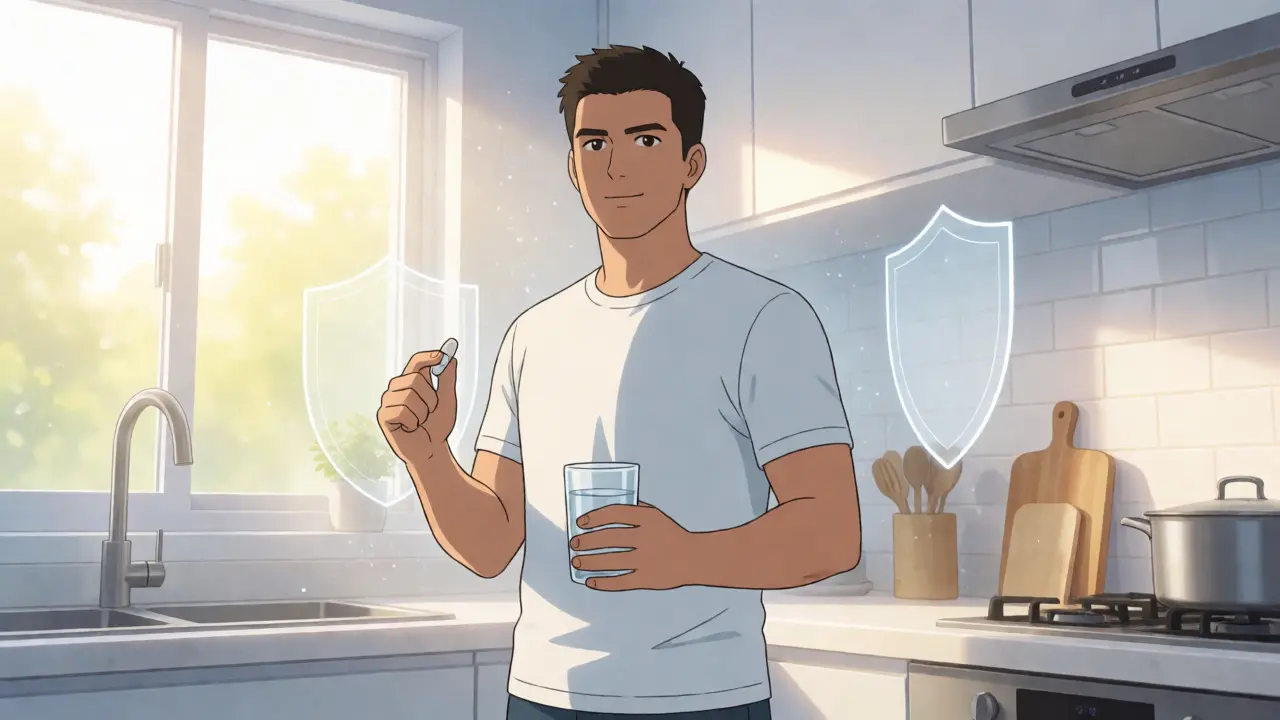 Confident patient taking medication calmly in a sunlit kitchen, anime illustration