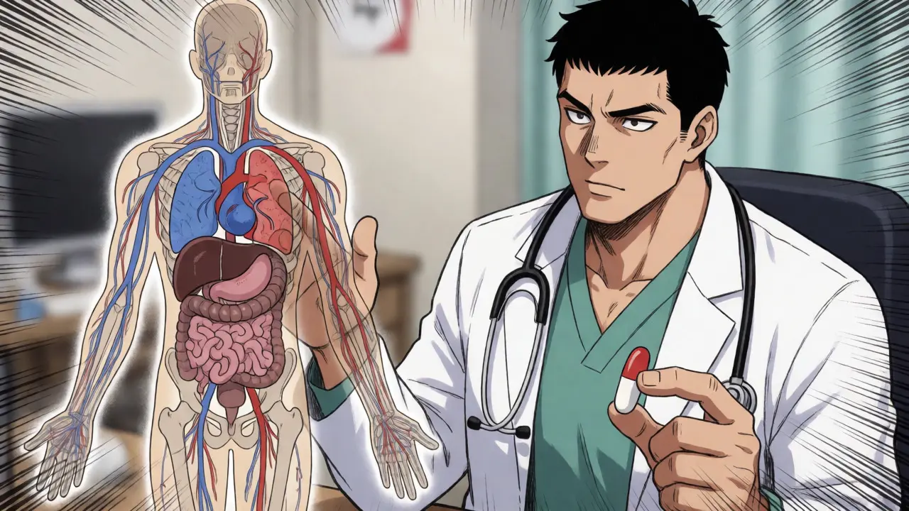 Doctor explaining medication risks with anatomical visualizations in Boichi art style